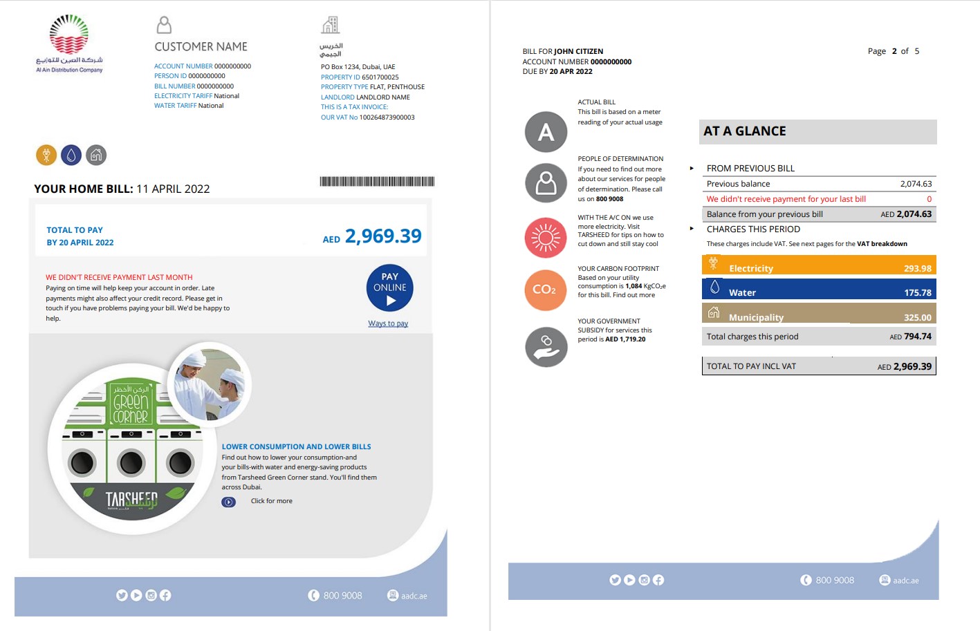 UAE Dubai Al Ain Distribution Co. Word and PDF utility bill template (5 pages) 1 2